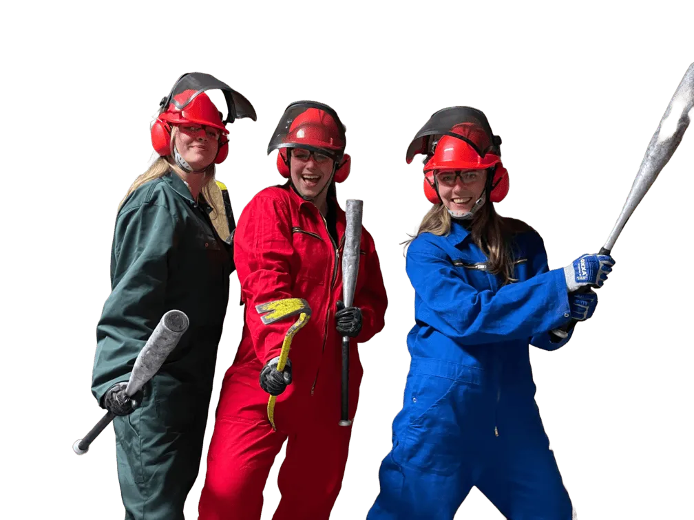 Three women in rage gear ready to smash with weapons