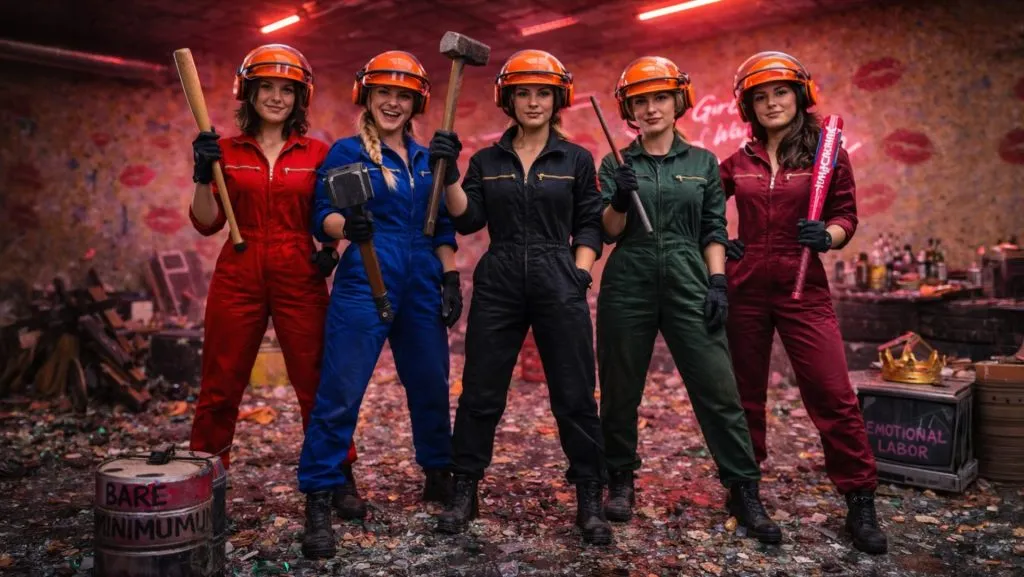 Group of five in safety gear with bats and hammers in the big rage room