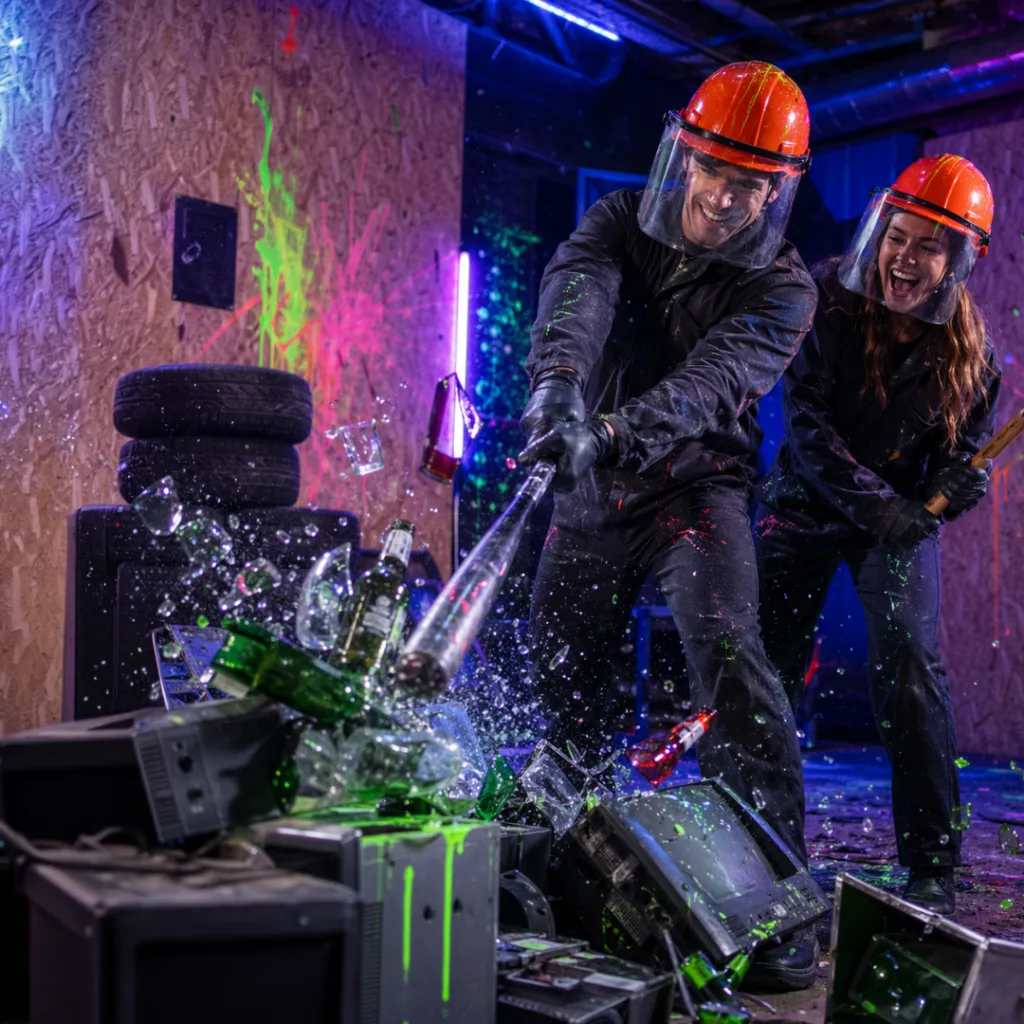 Twee mensen genieten van een neonverlichte ‘rage room’-ervaring in het donker in Amsterdam, terwijl ze flessen en elektronica kapotgooien onder UV-verlichting en kleurrijke effecten. Een neonverlichte ‘smash’-ervaring vol gloedeffecten, muziek en onvergetelijke chaos.