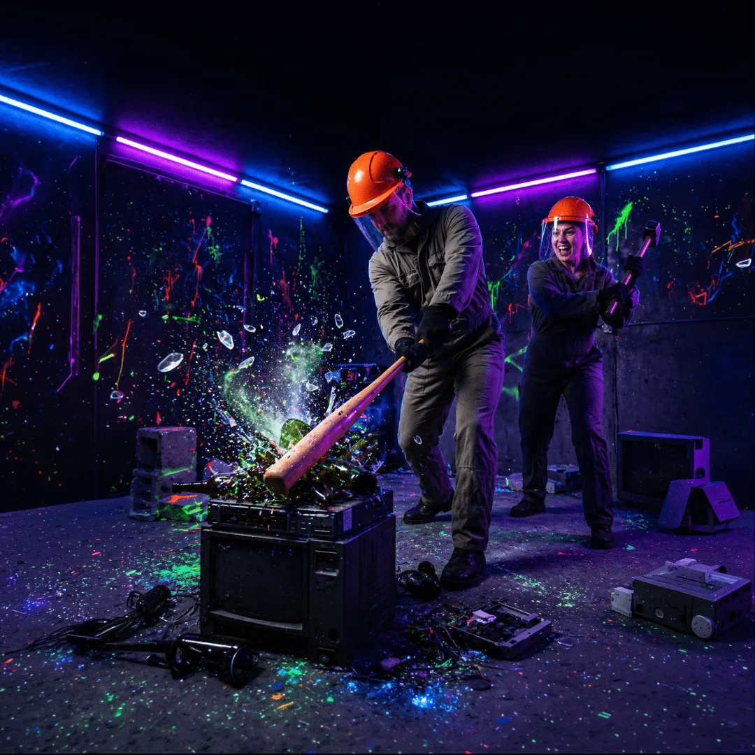 Twee mensen genieten in Amsterdam van een op maat gemaakte ‘rage room’-ervaring die in het donker oplicht, compleet met neonverlichting, elektronica, flessen en meeslepende kapoer-effecten.